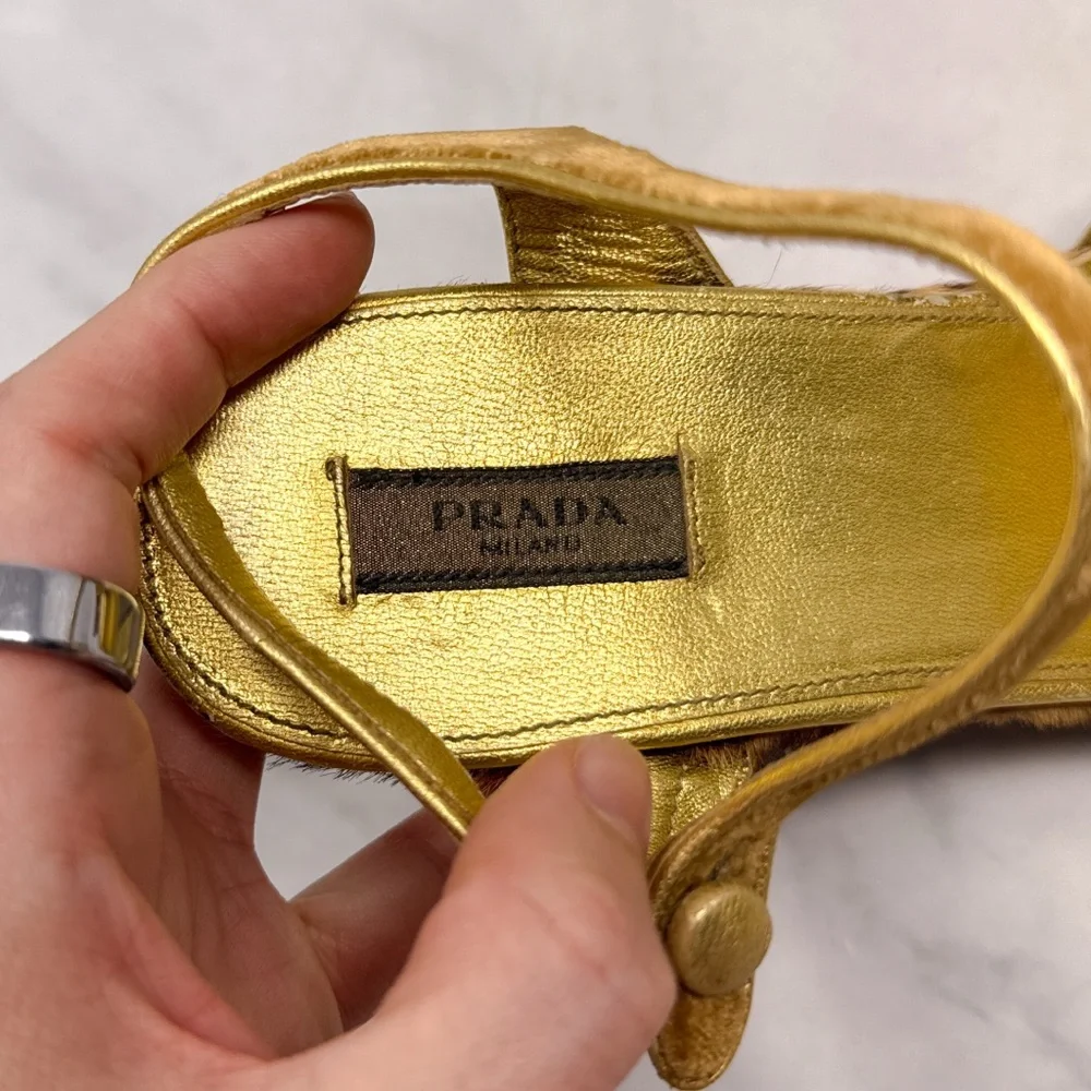 PRADA Vintage Y2K Velvet Leopard Calf Hair Leather Platform Wedge Sandal Heel 38